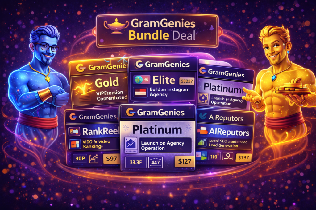 GramGenies Bundle Deal review image showing full upgrade package including Gold, Elite, Platinum, MegaBundle, and AI Instagram agency features