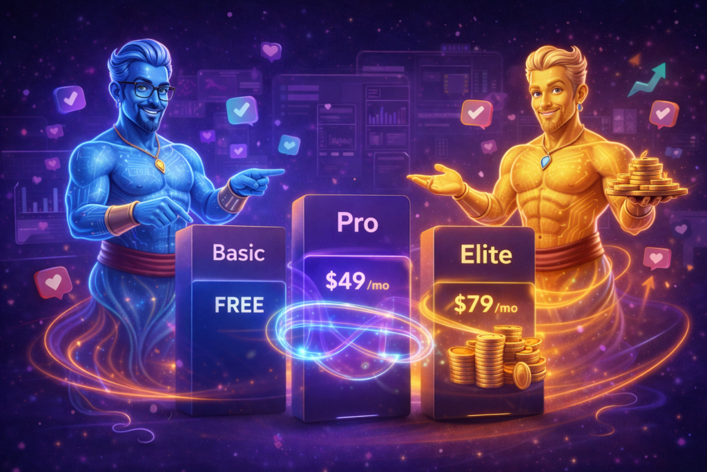 GramGenies image showing AI Genies managing Instagram growth, analytics dashboard, client automation, and agency scaling system