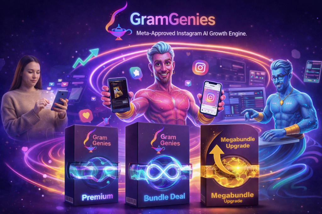 GramGenies Review hero image showing AI genies, Instagram reels automation, DM growth system, and Premium bundle boxes