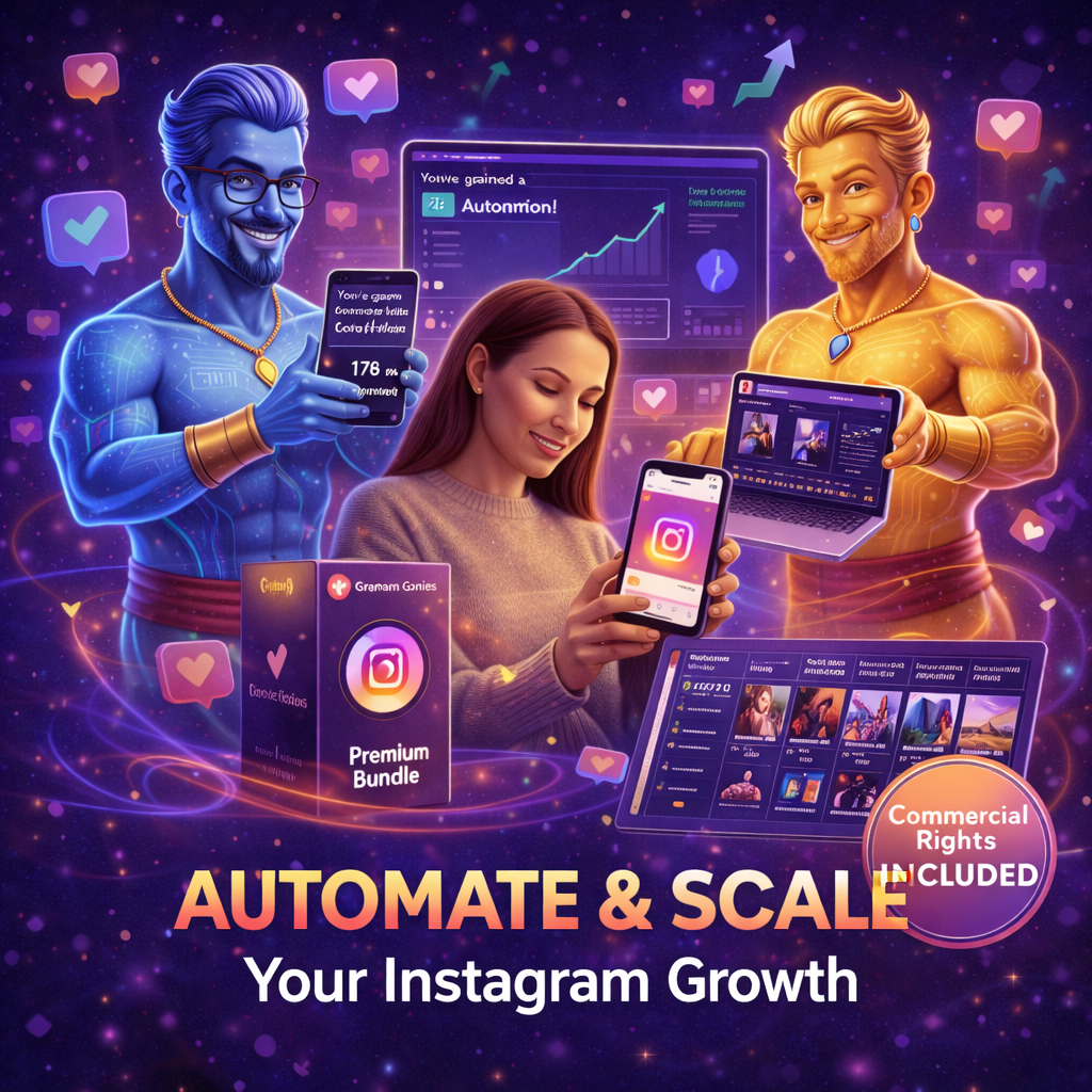GramGenies review image showing AI genies boosting Instagram growth, engagement analytics dashboard, viral reels, and automated DM results